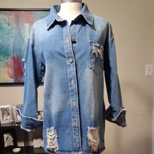 Casual Blue Distressed Jean Jacket
